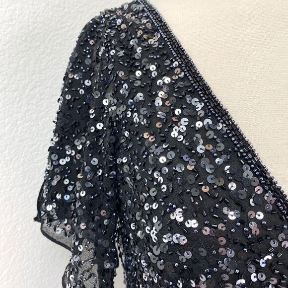 Vintage Black Bead Sequin Maxi Evening Dress Size 6 Formal Party Glam Goth Noir - Picture 4 of 13